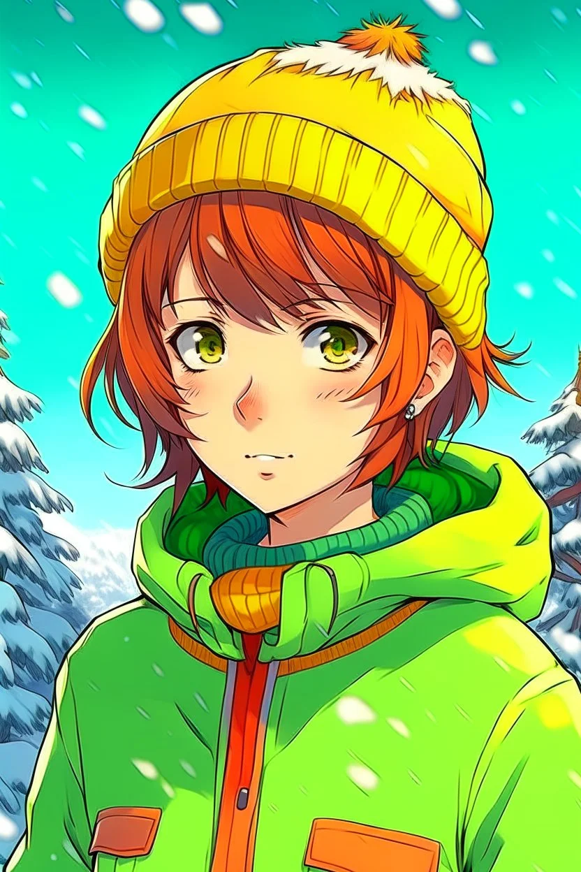 Girl with short brown hair, red eyes, green sweatshirt with a horizontal yellow stripe, he is wearing a Christmas hat, and in the background there are trees in the cold winter with lots of snow, Anime manga style