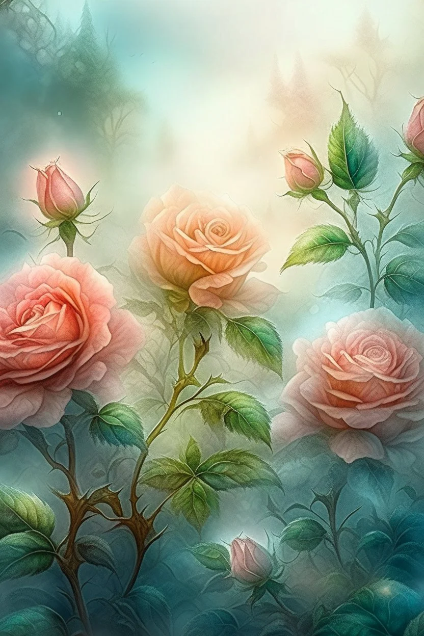 magic Watercolor, double Chinese rose bush, ultra-detailed, morning, rain, greenery, beautiful landscape, fog, many details, delicate sensuality, realistic, high quality, 3d, work of art, hyperdetalization, filigree, foggy haze background, hyperrealism, professional, transparent, delicate pastel tones, back lighting, contrast, fantastic, unreal, translucent, glowing, clear lines, epic fabulous, fabulous landscape, hyperrealism