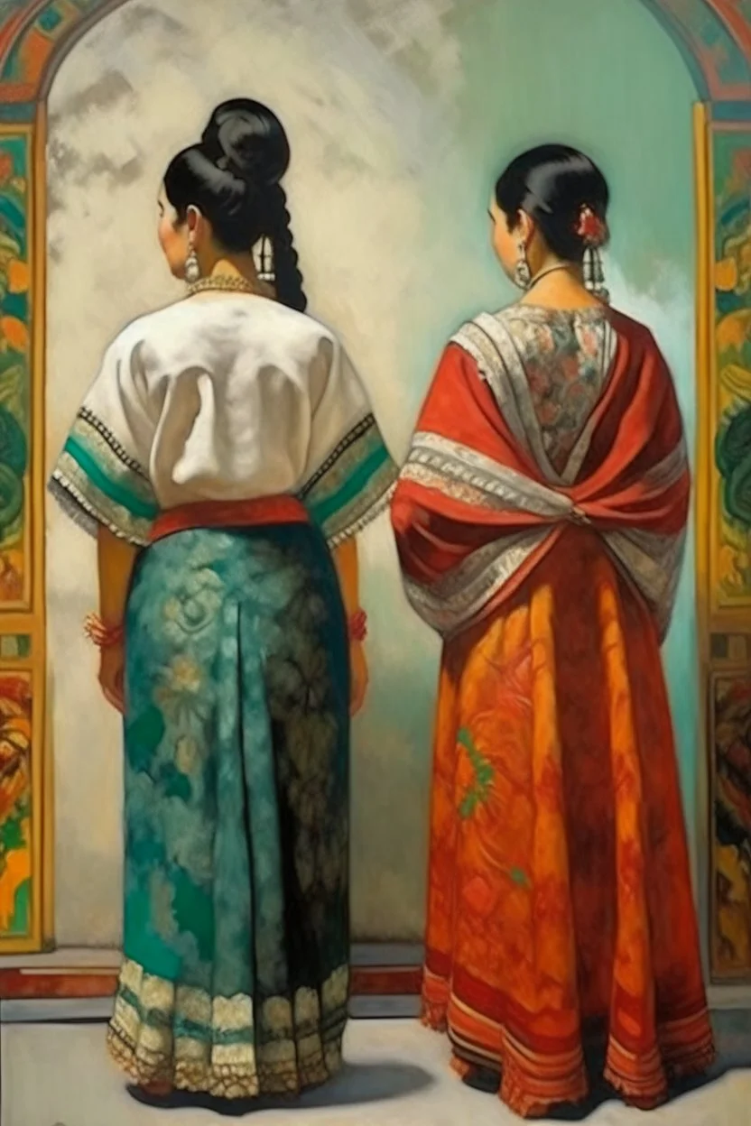 2 mexican woman painting neoclassism standing from the back whole body zoom out