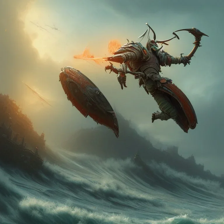 an ibis warrior in orange and green full battle armor, background of giant crashing ocean waves, a highly detailed illustration, realistic render, 8 k, micro detail, intricate, elegant, centered, digital painting, smooth, sharp focus, illustration, artgerm, tomasz alen kopera, peter mohrbacher, donato giancola, joseph christian leyendecker, wlop, boris vallejo