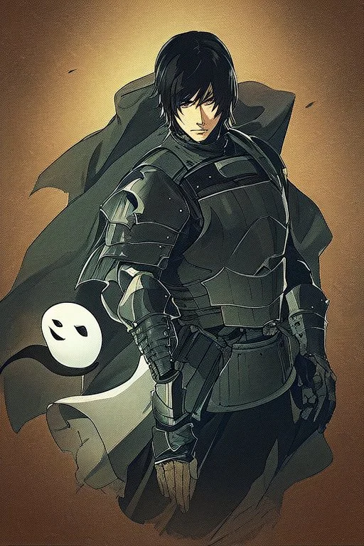 Male version of Motoko Kusanagi from "Ghost In The Shell (1995)", knight in steel plate armour, long black hair, pretty face, dignified, alone