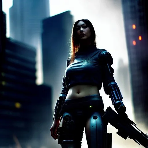 fullbody portrait,beautiful female Cyborg, Holding a Gun aiming at viewer, intense stare, sad eyes, post-apocalyptic in a cyberpunk city, realistic, intriacte detail, sci-fi fantasy style, volumetric lighting, particles, highly detailed ,cinamatic , deep colours,8k, by Caravaggio