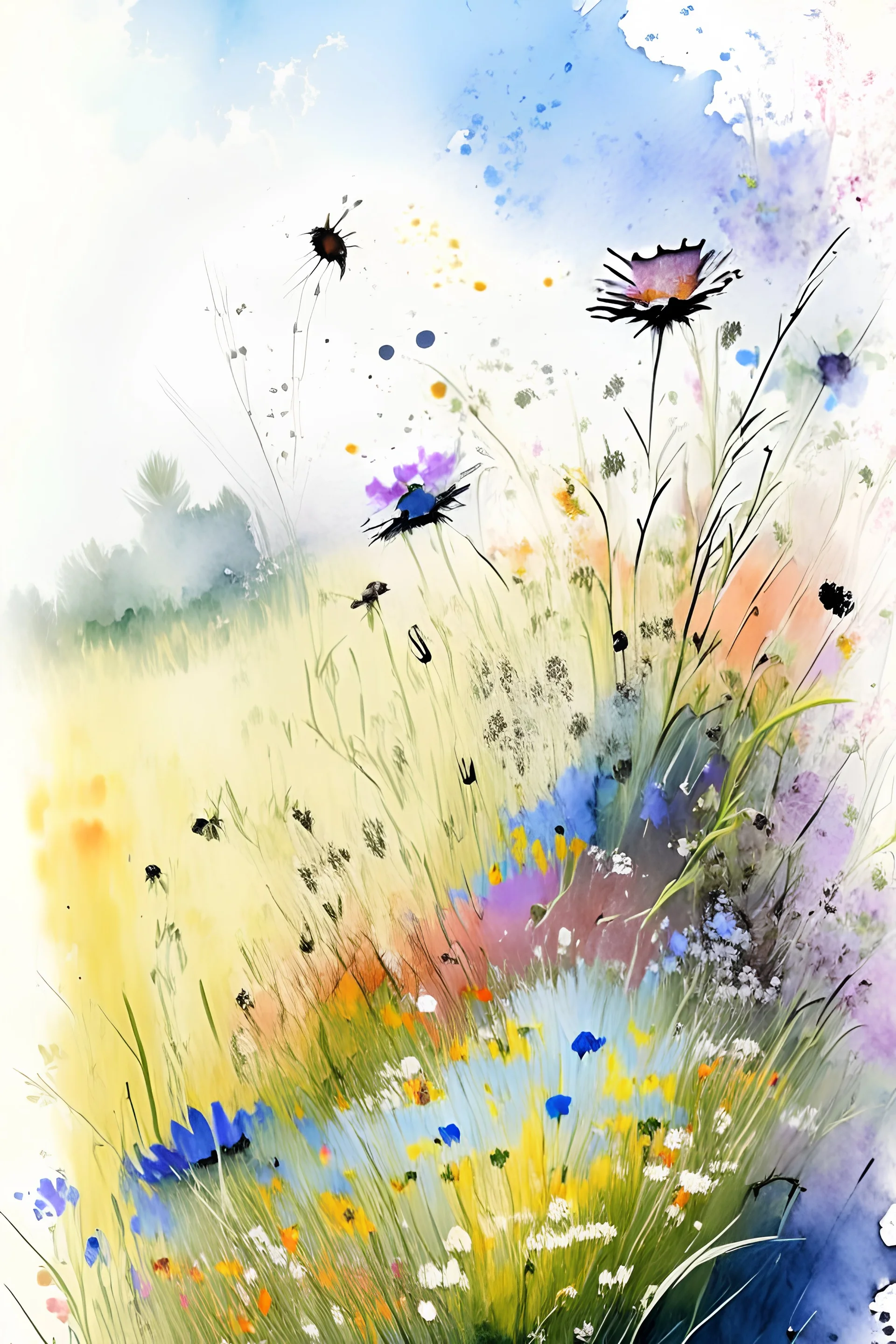 field of wildflowers, watercolor painting, ultrasharp, realistic colors, with some splatters