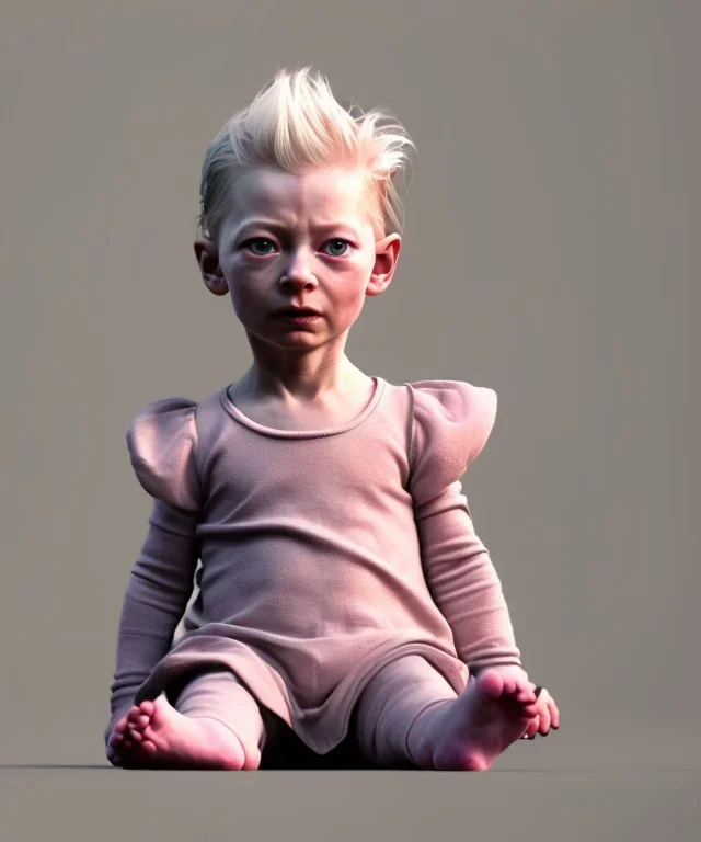 Tilda swinton toddler, full body, shoe, car, soft, dramatic lighting, hyper realistic