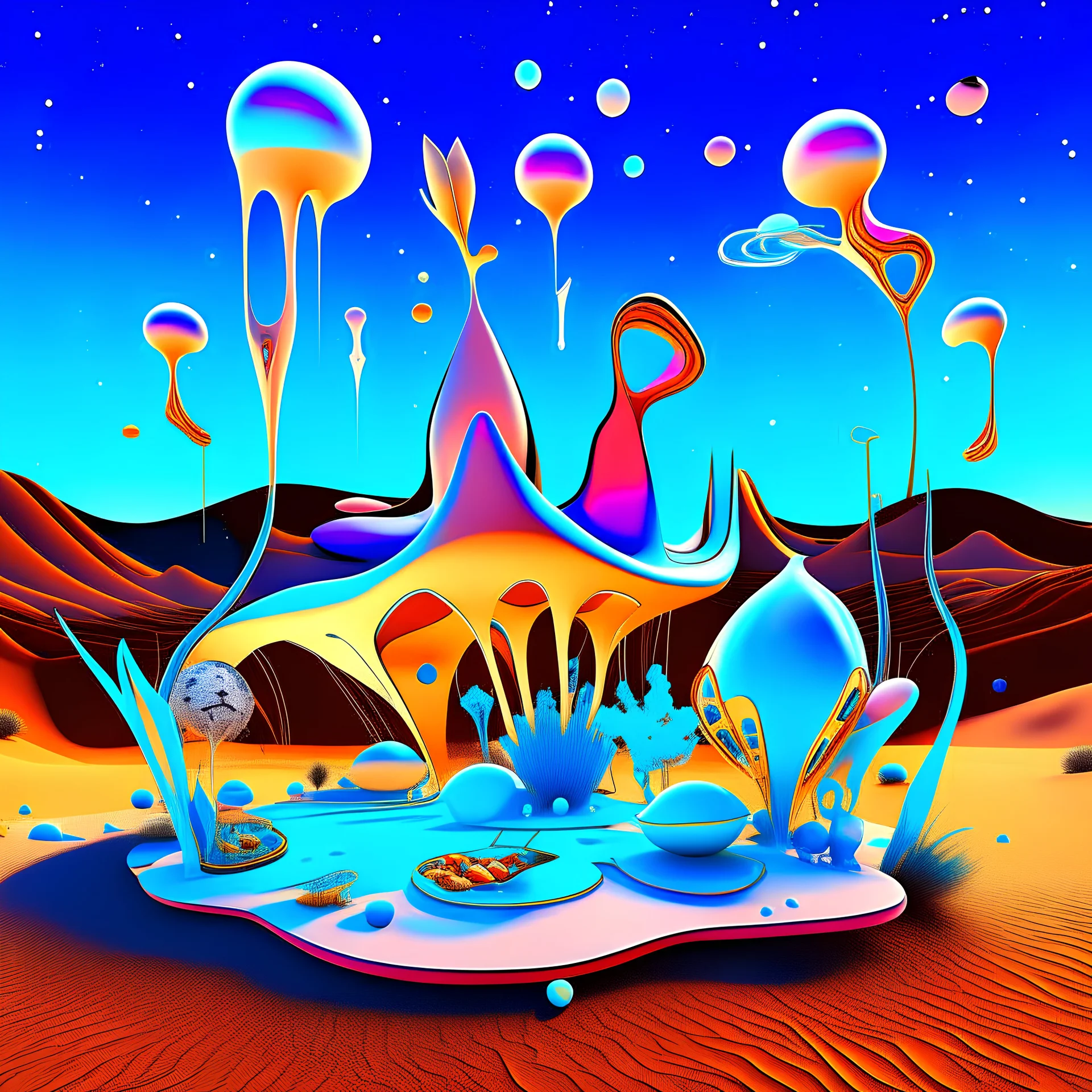 Bright, glittering, 3d, steel-like, surreal objects in a bright environment, desert, night light, melting cream, Yves Tanguy style