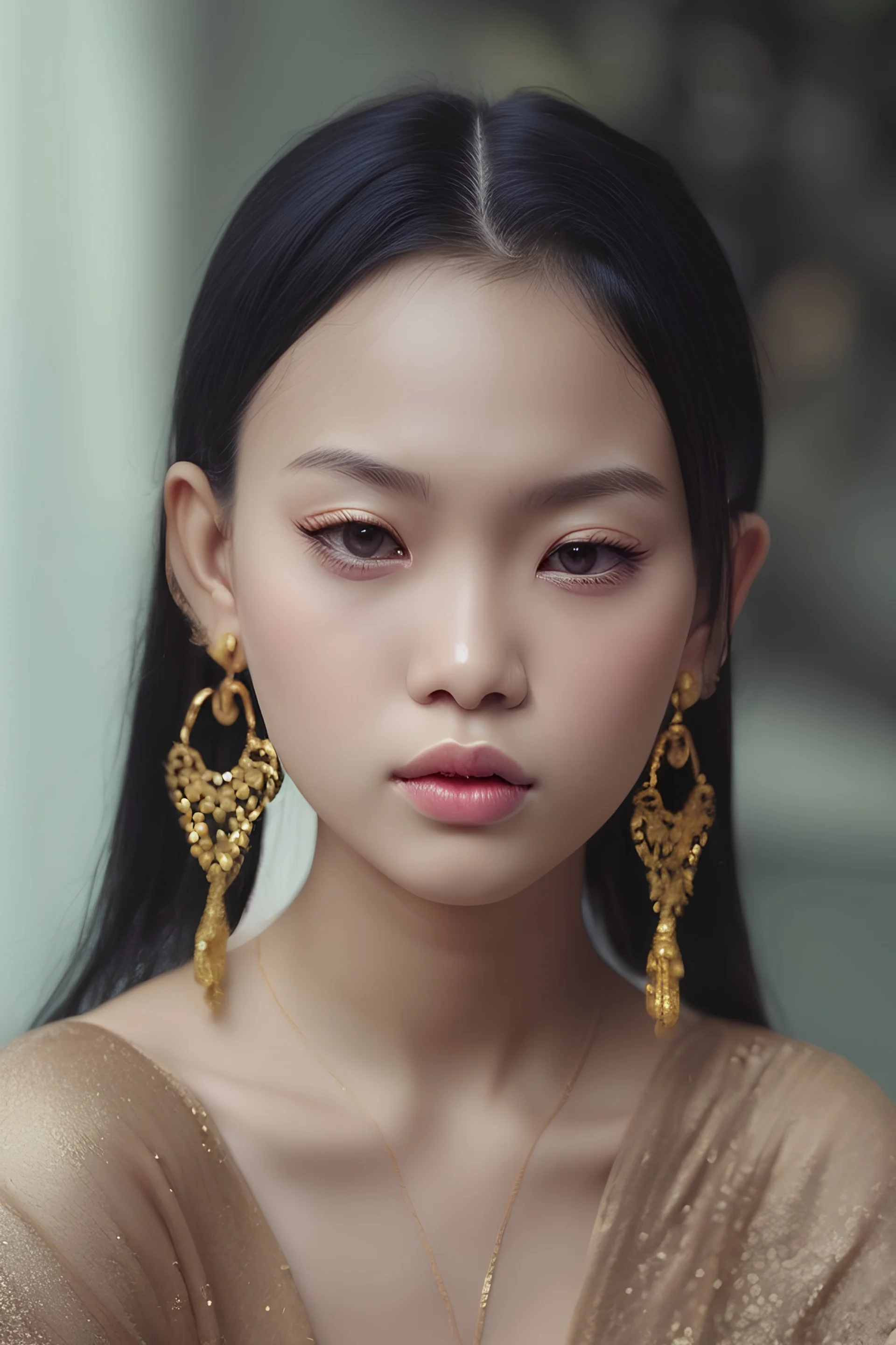 beautiful thailand woman real life photo-shot, Long, thick, black hair, white thai dress, age 20, small gold earings, tied hair, summer