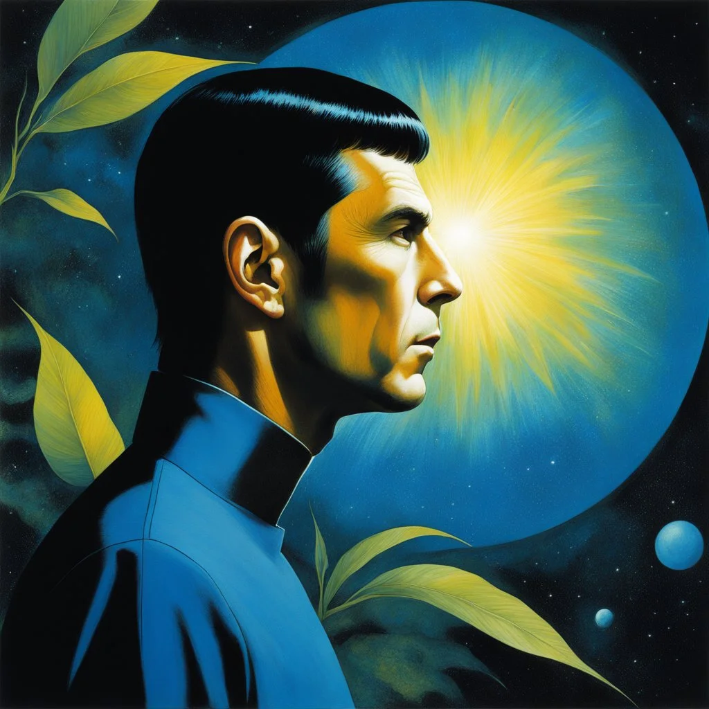 [art by Dave McKean] As Spock explored pointed ears, blue shirt the strange planet, he was captivated by a vibrant alien plant. Its iridescent leaves shimmered in the sunlight, beckoning his logical mind.With precision, he studied its intricate structure, uncovering hidden truths. A sense of awe mingled with his scientific curiosity, transcending logic.