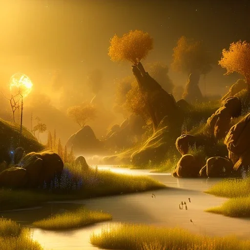 beautiful golden transparent landscape very etheric and cosmic, delicate colors, ultra sharp focus, 8k, unreal engine 5, extremely sharp detail, light effect, soft light atmosphere, smooth, full of details