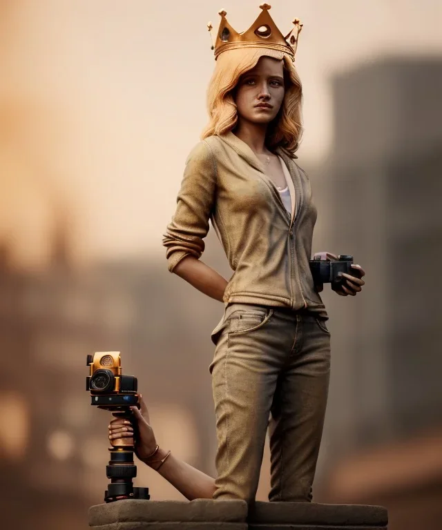 Statue of Queen of photography. Cute blonde woman. Photographer in golden crown. Standing on the street. Big camera in her hand. hyperdetailed, photorealistic, trending on artstation, greg rutkowski, beksinski, kodachrome