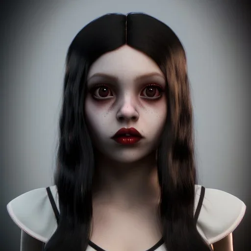 Female Jenna ortega black dress,soft goth libstick, wednesday addams family make up, brad double wig, dramatic lighting, highly detailed, volumetric lighting, unreal engine, 8k