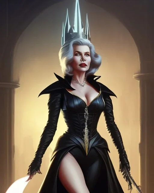 old evil queen in black leather gown, femme fatale, volouptous, busty, cleavage, angry, emperious, 8k resolution concept art portrait by Greg Rutkowski,