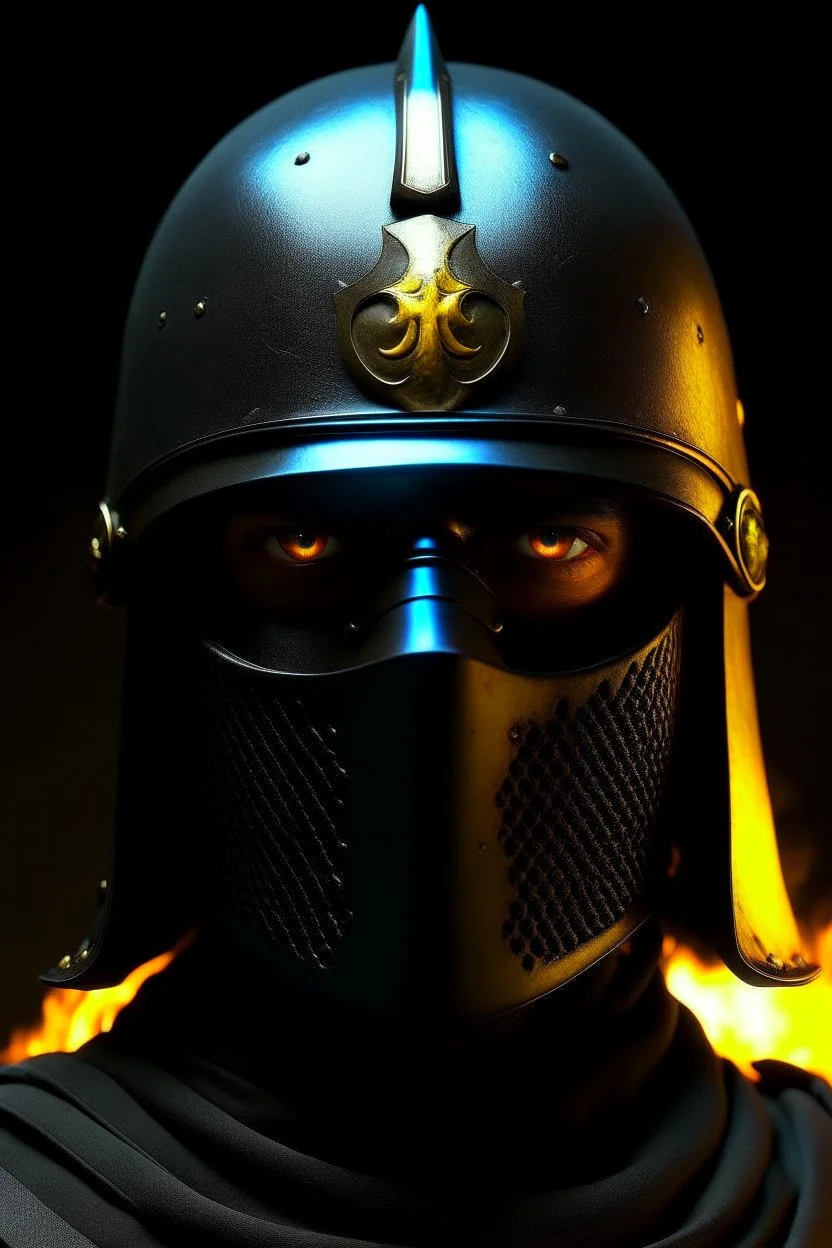 Iranian empire A commander wearing a matte black helmet with flaming eyes with flaming light blue pupils