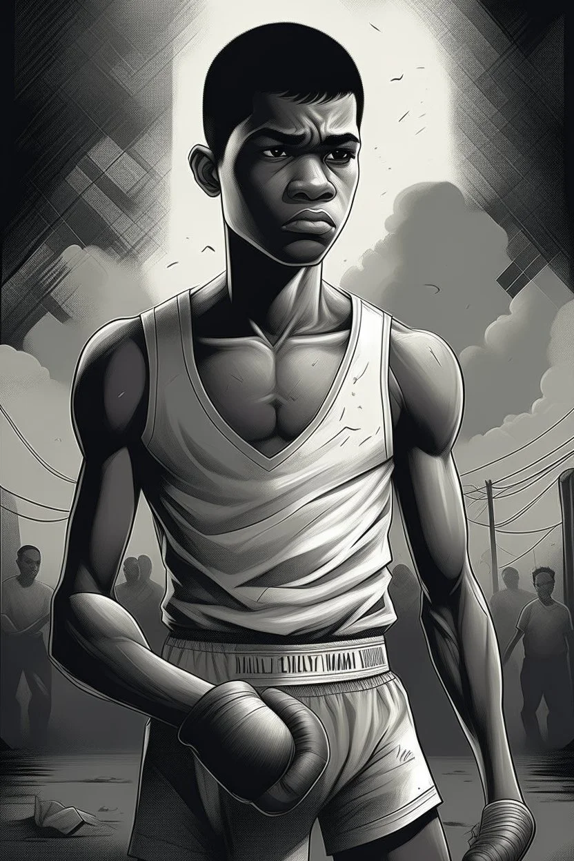 Here's the book cover design reflecting the journey of a young, ex-boxer fighting immigrant with a heavy past and long path of challenges. The design captures his hopeful spirit amidst adversity, portrayed in a modern setting with a black and white color scheme that adds depth and emotion to his character.