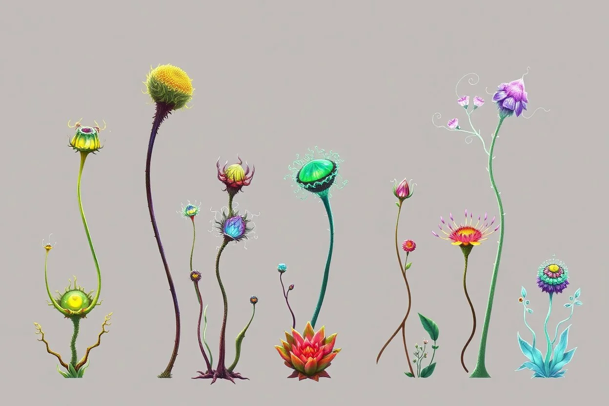 Isolated concept art of alien plants on a plain neutral background. Strange fictional extraterrestrial flora with unusual shapes, glowing details, thorns, spines, tendrils, and exotic flowers. Each plant designed with unique silhouette and fantasy colors, digital painting style, detailed textures, science fiction botanical illustration, no background, no landscape.