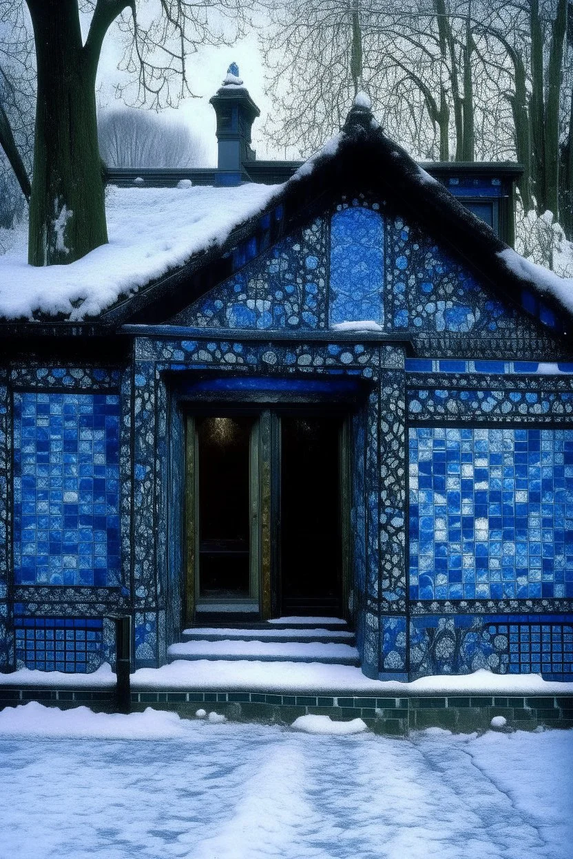 A dark blue ice covered house with siders designed in ancient Roman mosaics painted by Claude Monet