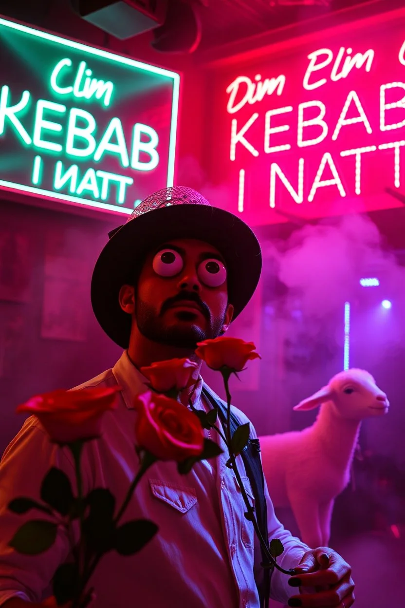 An spanish Guy with big eyes "Enrique" performing at dance club, his name is "Enrique" Red roses On stage, red Neon lights and smog, and "Din KEBAB I NATT" big sign on the wall, serenade under balcony,a female lamb on the balcony