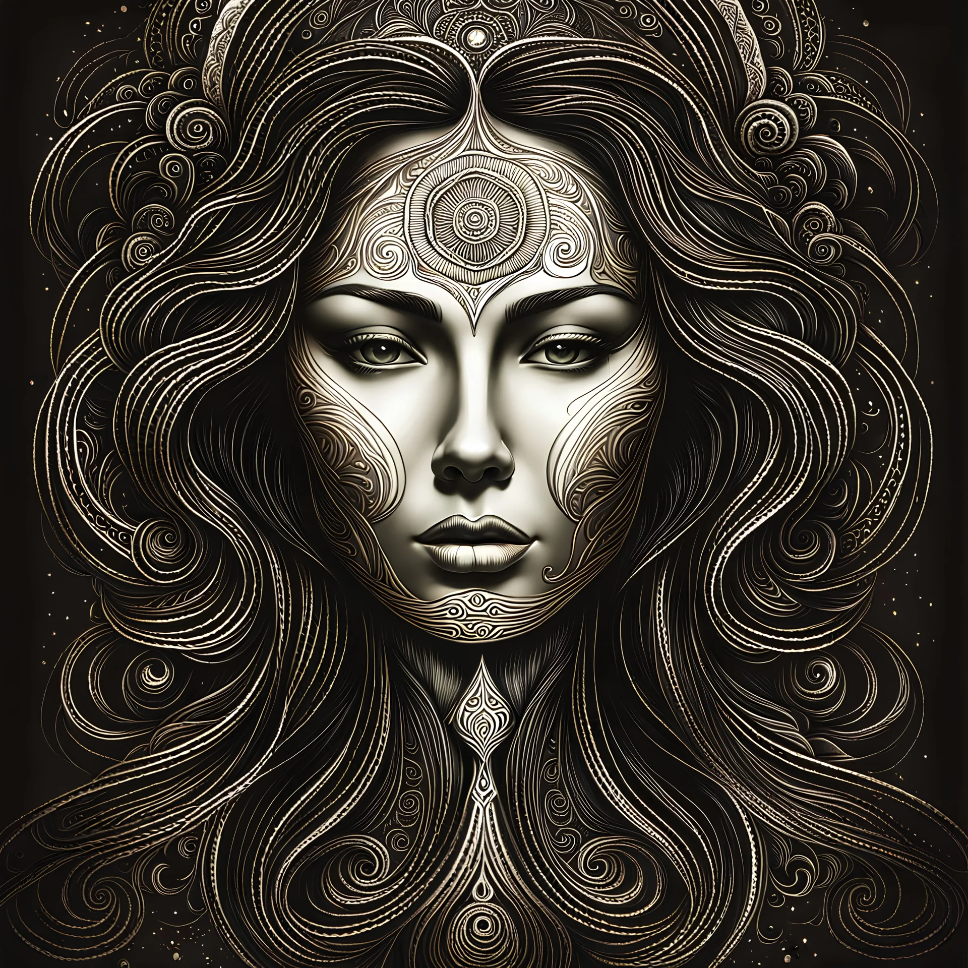 create a haunted female disembodied spirit with highly detailed, sharply lined facial features, , finely drawn, boldly inked, in dark ethereal colors, otherworldly, celestial, and beautiful