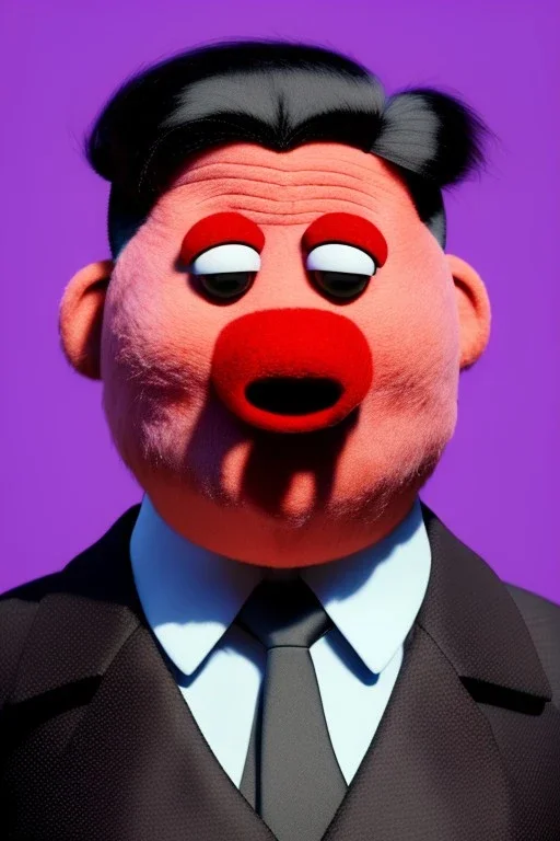 Waist up muppet Portrait, Kim Jong-un as muppet doll, black suit and red tie, photo studio, blue background, unreal engine 5, concept art, art station, god lights, ray tracing, RTX, lumen lighting, ultra detail, volumetric lighting, 3d.