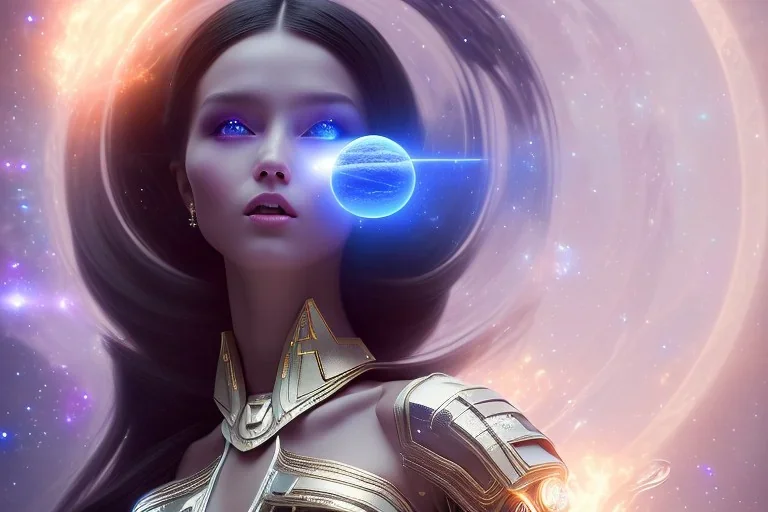  beautiful cosmic woman, long black hair, nice smiling, magic glamour make up, delicate colors, beautiful glamour galactique dress, ultra sharp focus, 8k, unreal engine 5, extremely sharp detail, light effect, soft light atmosphere of a spaceship, smooth, full of details, face in front, complete vision of face and hair and body