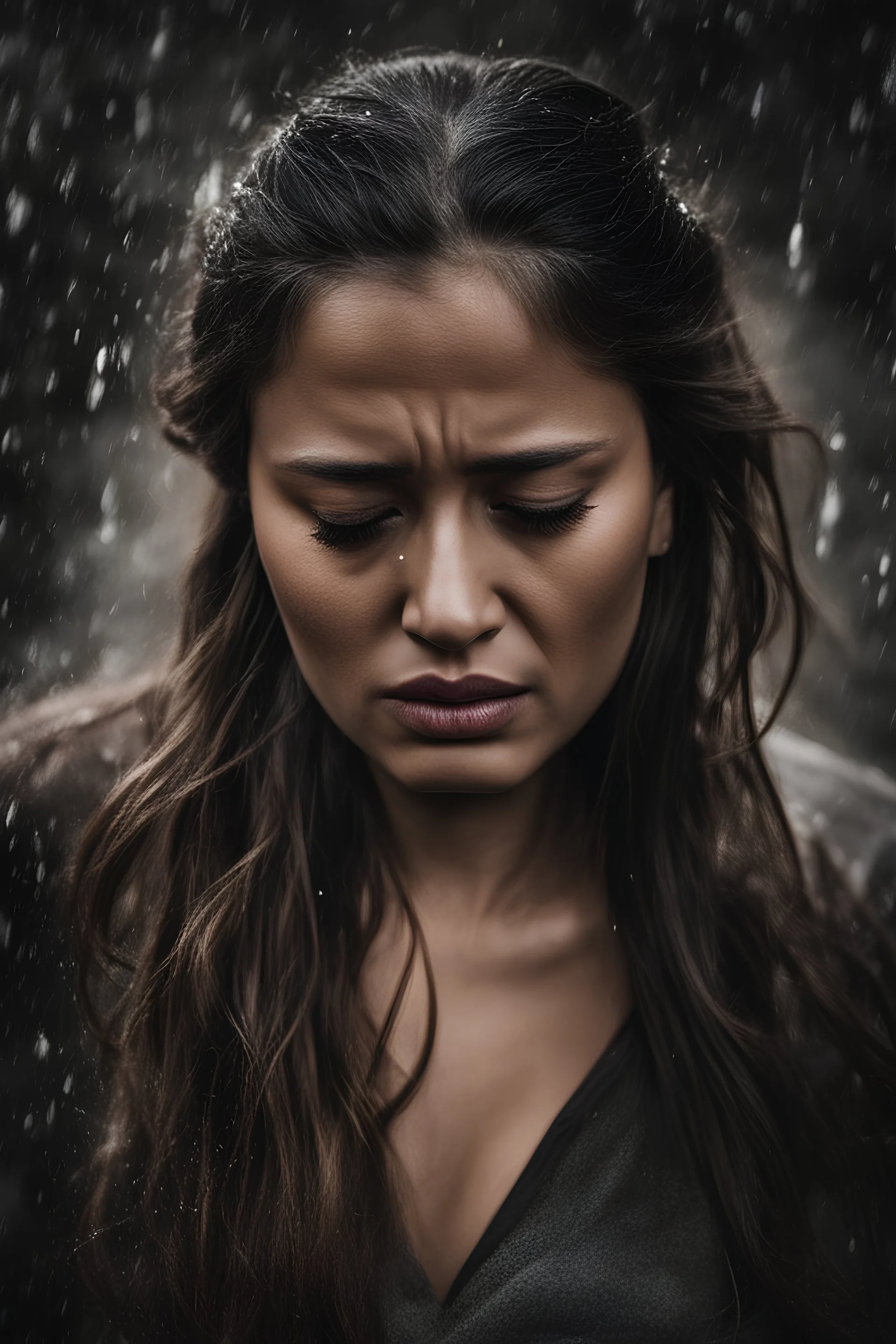 A beautiful woman with tears streaming down her face, her expression a mix of sorrow and despair.HOF, full size, (((realism, realphoto, photography, professional photographer, captured with professional DSLR camera, 64k,