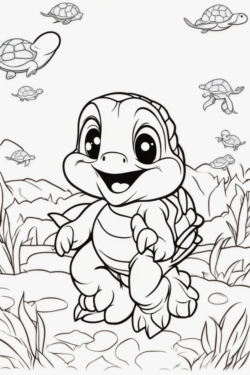 blank colouring book, white blank background, simple picture for toddlers, turtle pet, disney and pixar style