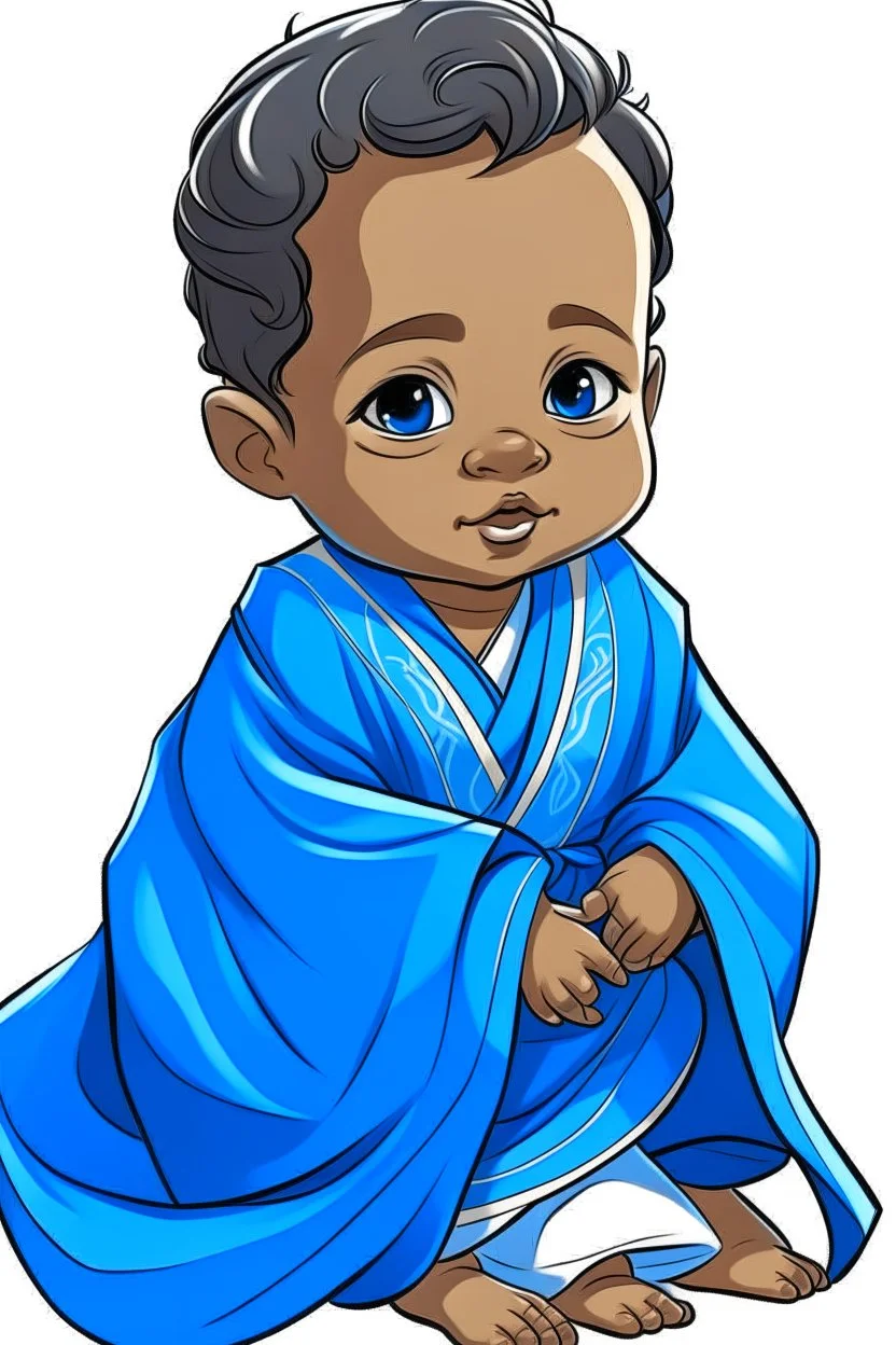 an anime style drawing of a blasian baby boy. hes wearing blue royal baby robes.