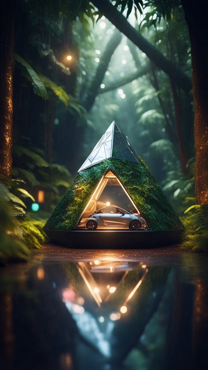 a car shaped like a tetrahedron in dark lit reflective wet jungle metallic hall dome hotel tunnel, in the style of a game,bokeh like f/0.8, tilt-shift lens 8k, high detail, smooth render, down-light, unreal engine, prize winning