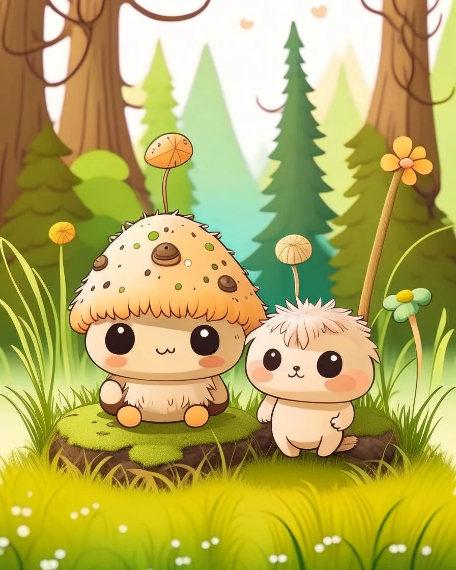 Two cute mushroom boys in the forest with big cute heads, small body. Fox tails and ears. Brown pants. Big sparkly monster eyes. Soft baby pastel colours. Fuzzy and hairy. Sparkles around. underwater colours. sparkles. Soft toys. Happy. bushes around and moss.