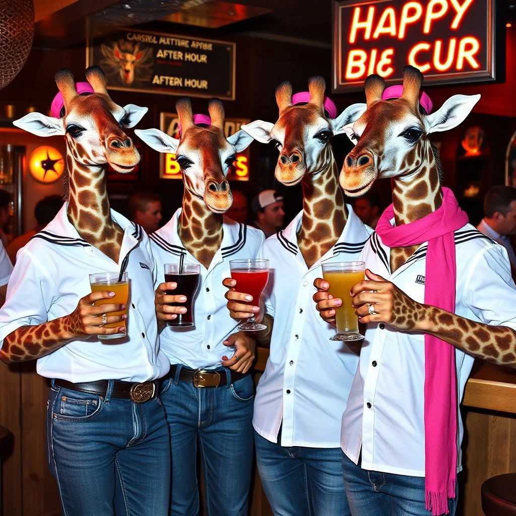 very Gay Giraffes sailors with white shirts and berets and tight jeans standing in a bar drinking drinks with umbrellas, pride, makeup, smoking cigaretts, smiling, sparkling eyes, very happy, after dark, pink scarf, happy hour drinks sign, necking, happy cock hour, pride, pride and pride