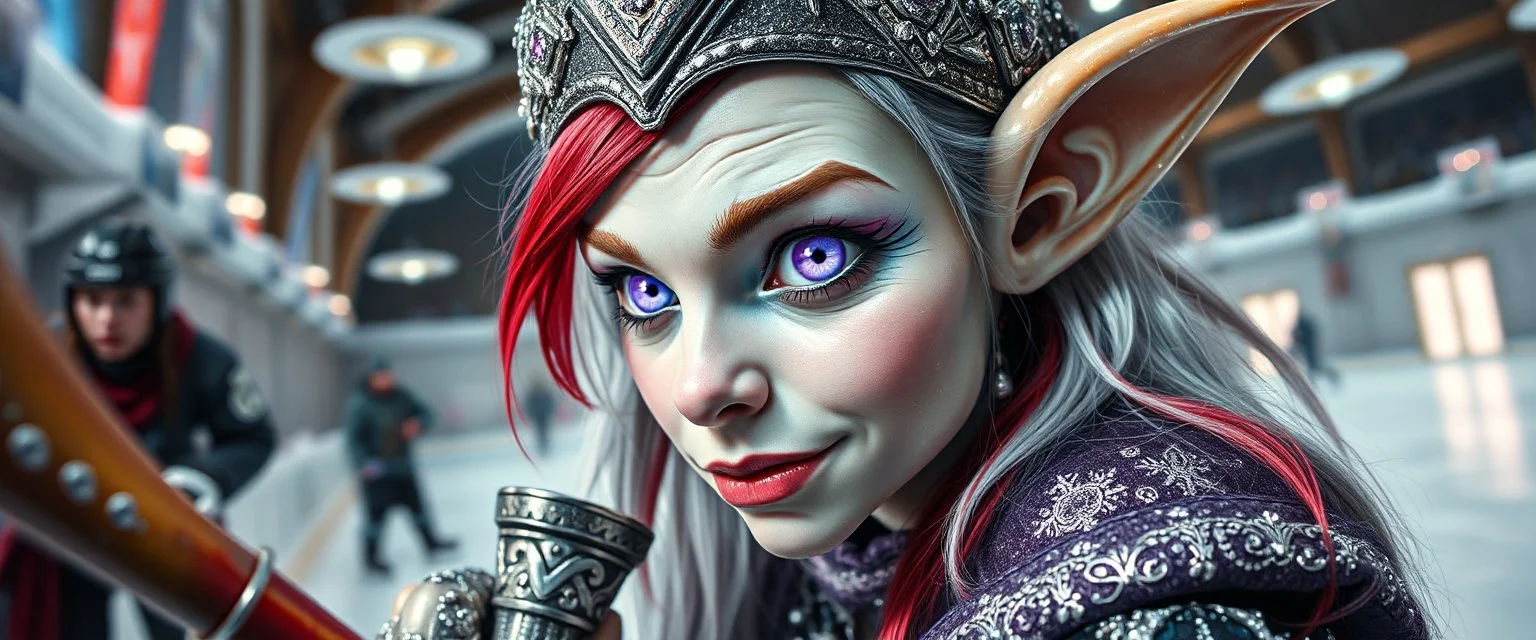 close up portrait of shiny ice priestess dark dwarf swifnerblin gremlin babe with lavender eyes and red and silver hair, and with magical aura hockey staff, pin hole cam, master oil painting by Rembrandt, d&d glam rock and glitter vampire gremlin illithid and lich playing hockey in ice skating hall or church, in the style of giger and escher, sci fi with floating little saucers