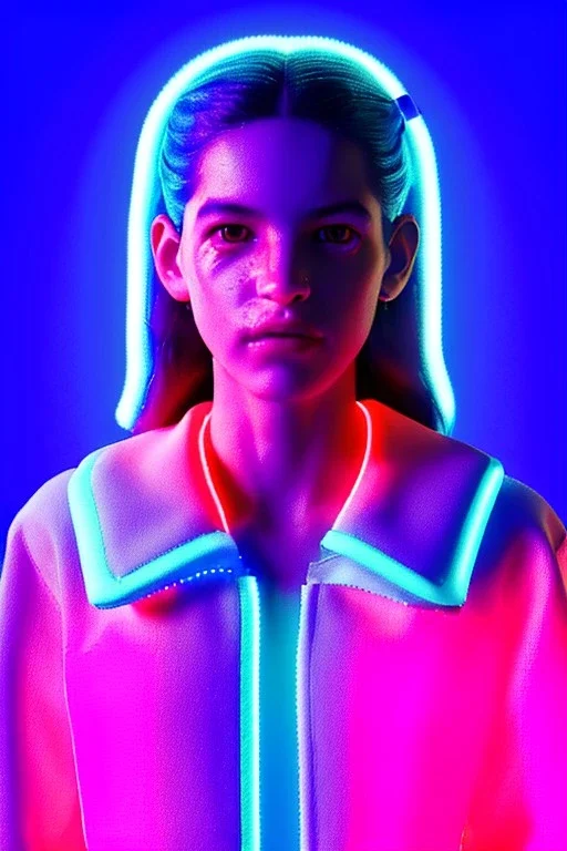 Rosalía, artist, 30 years old, Realistic, waist up portrait. Eyes, glow, circle iris, eye liner. Hair, pigtails. make up, glow. lips, gold. big rings piercing, led ornament, pearls. Coat, smile pin, inflatable latex, cold, led lights, minimal, neon, pink, blue, gold, vibrant color, highly detailed, art stations, concept art, smooth, unreal engine 5, god lights, ray tracing, RTX, lumen lighting, ultra detail, volumetric lighting, 3d, finely drawn, high definition, 4k.