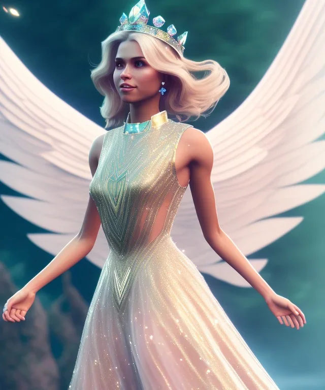 A crystalised queen, atmospheric, realistic, unreal engine, cinematic lighting, octane render, transparent long dress, blonde, full body, bright wings, smile, long hair