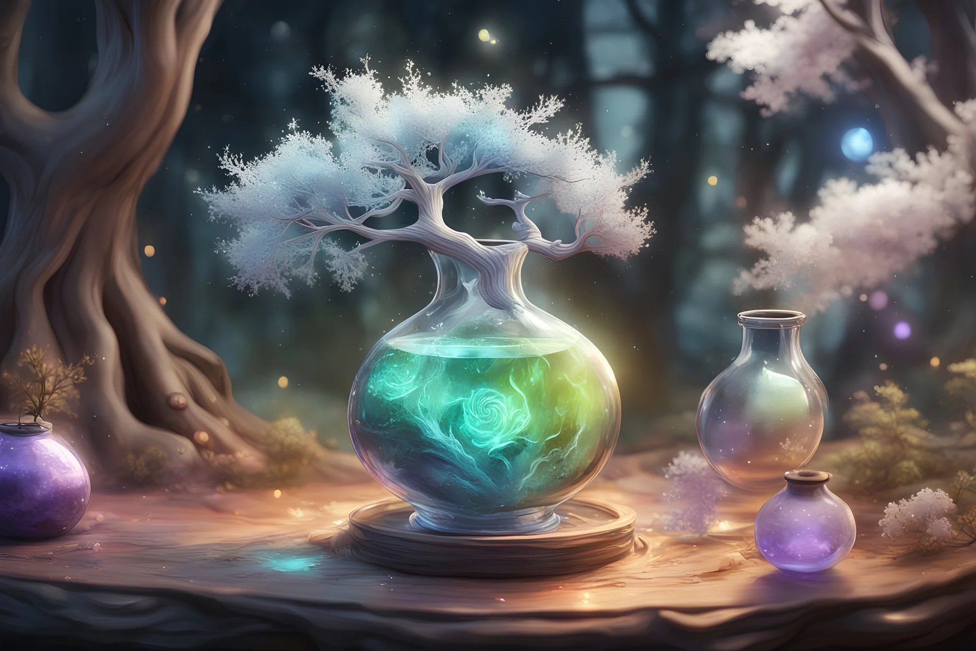 A stunning watercolor interpretation of a potion with a glowing white tree inside of it, smooth 3d digital art, exquisite thee-dimensional rendering, 4K, blender, c4d, octane render , disney style 3d light, Zbrush sculpt, concept art, Zbrush high detail, pinterest Creature Zbrush HD sculpt, neutral lighting, 8k detail, by Brian froud, Ross Tran, Lisa Frank