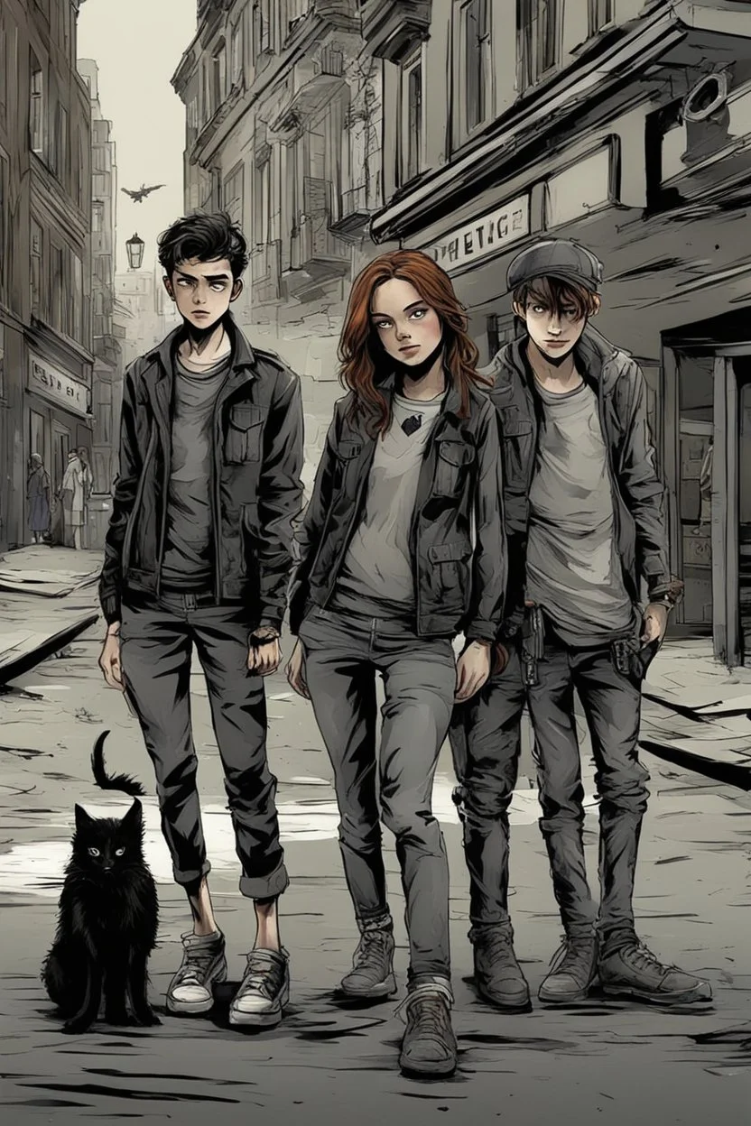 Design a detective book cover for teenagers. Three teenage detectives and a black cat in the centre, one boy on her left, the girl in the centre and one on her right are on the town street. Banksy style, modern comic book style, mysterious atmosphere, modern clothes, streetwear, street look, Polish style, highly detailed