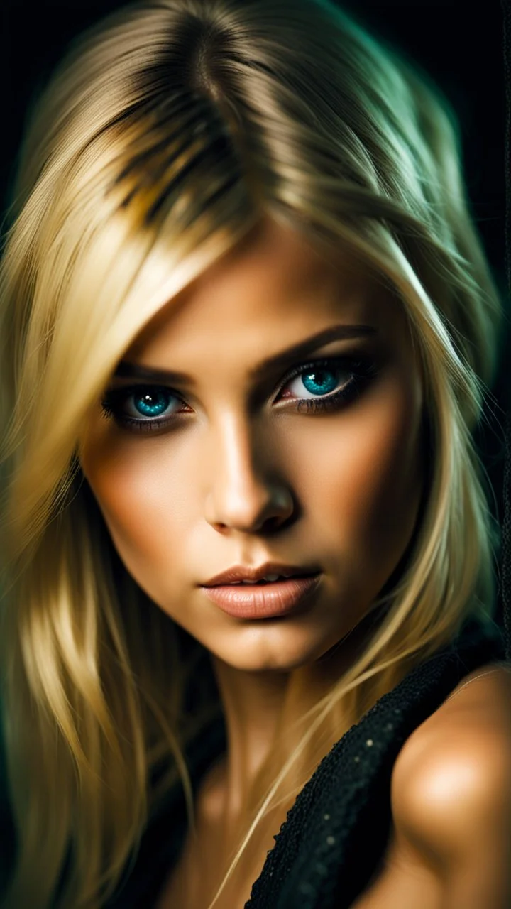 portrait of a pretty young girl with blonde hair and different colour eyes. Dark fantasy