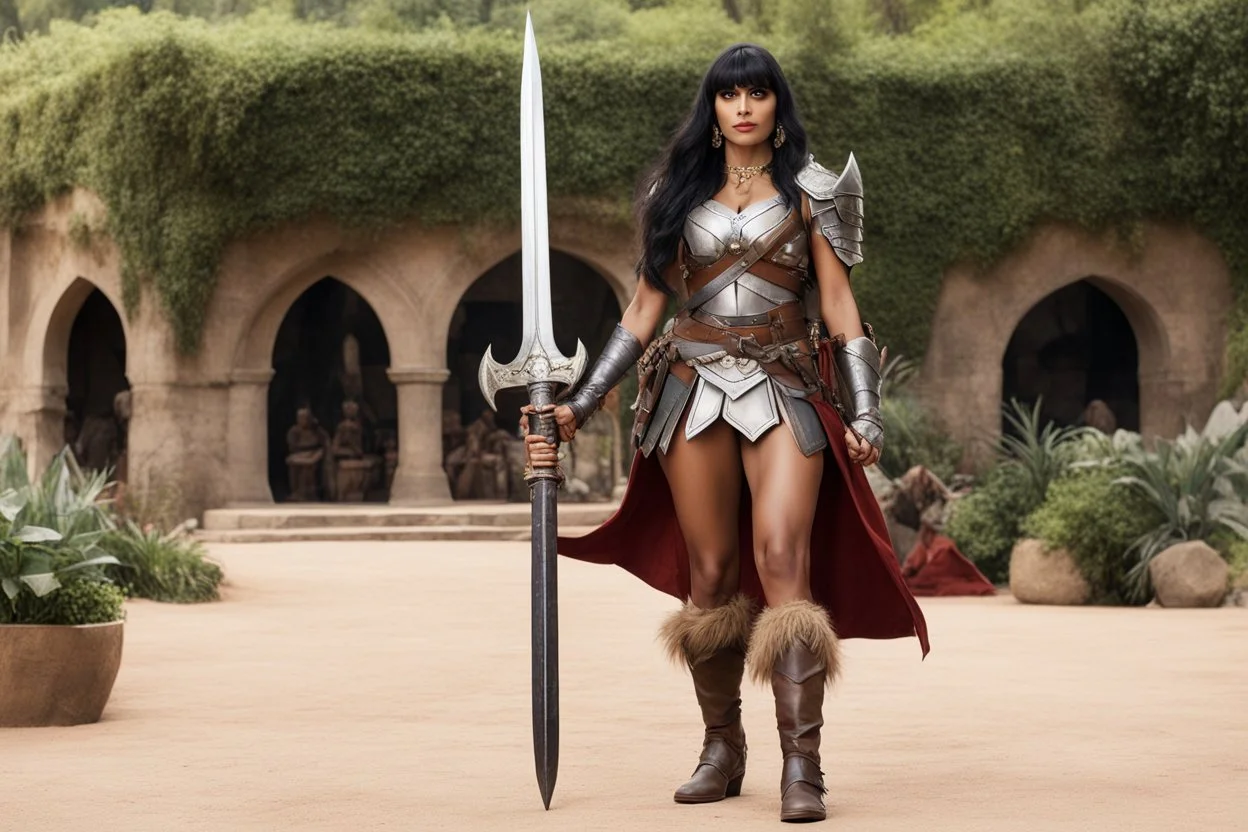 Jameela Jamil at the good place as a barbarian warrior with boots, her armour is made of linen and leather with pikes, she holds a menacing weapon