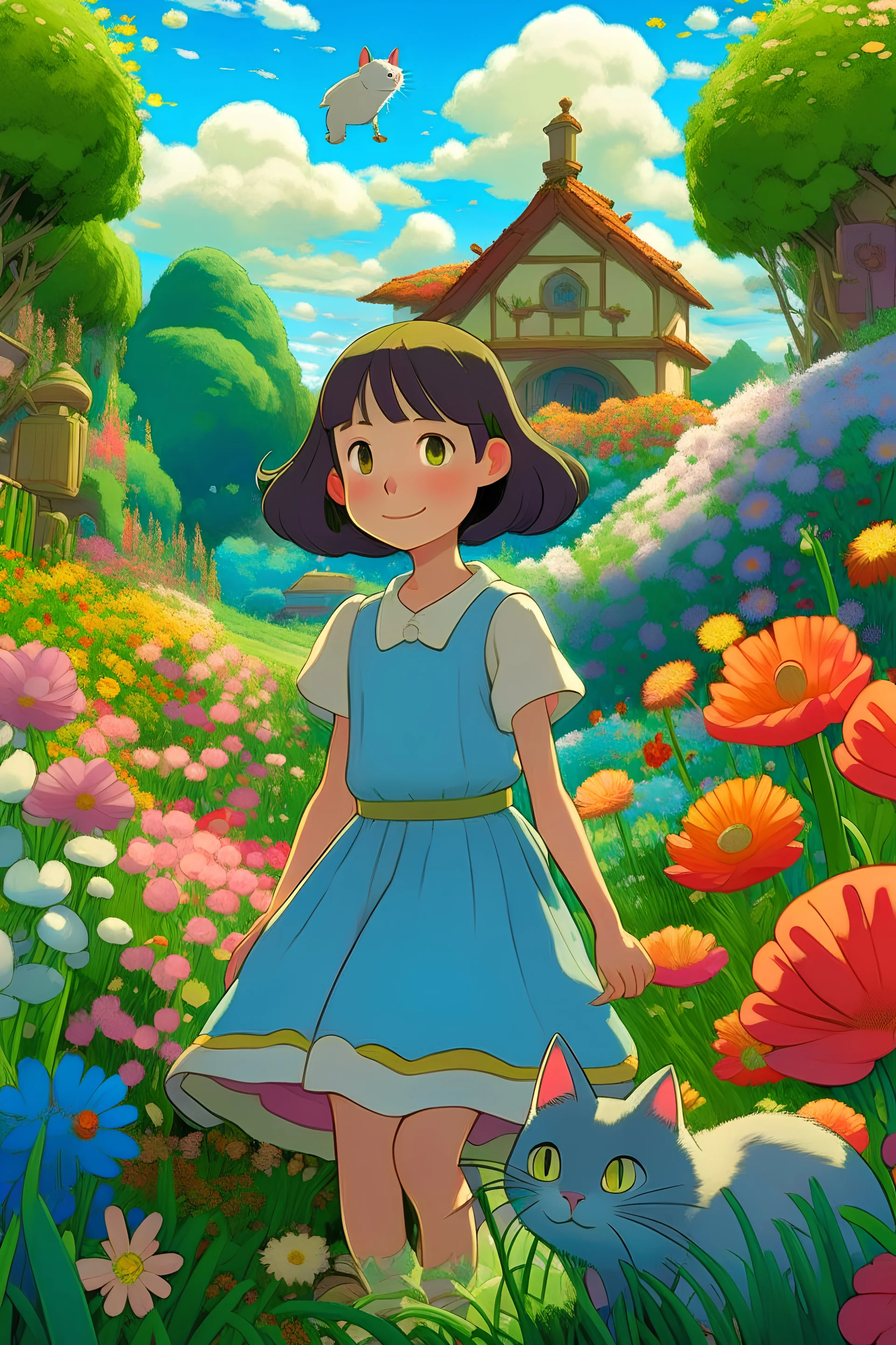 In a picturesque garden inspired by Hayao Miyazaki's art, an Asian girl named Amy, 22 years old, stands amidst a sea of blooming flowers. She wears a dress. The garden is filled with sea of blooming flowes, creating a enchanting and magical atmosphere. A friendly cat with mesmerizing eyes accompanies Amy.