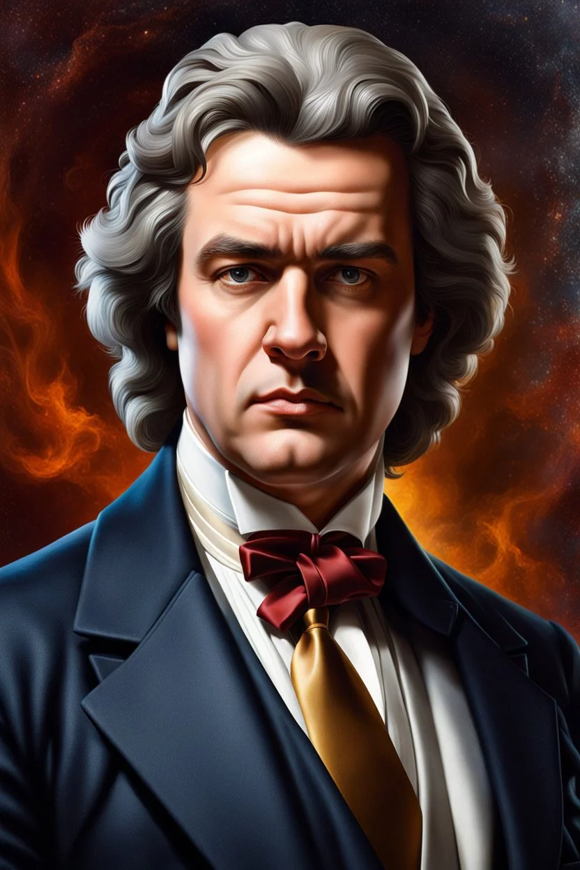 Hyperrealistic photography of Beethoven today, dressed in an elegant suit and ultra warm tie, incredible work of art