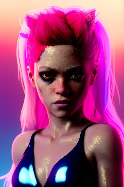 portrait, Shakira, blonde artist, angry, Realistic image, latex style dress. Skewers, loose long hair, eyes make up, perfect, glow, circle iris. Neon colors, leds, geometric shapes. Dark background, photo studio, neon lights. Mad max, concept art, smooth, unreal engine 5, god lights, ray tracing, RTX, lumen lighting, ultra detail, volumetric lighting, 3d, finely drawn, high definition, 4k.