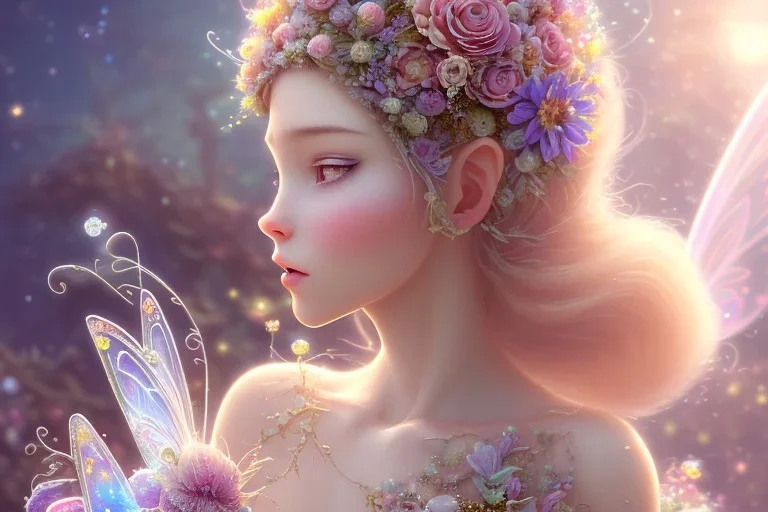 one very little beautiful fairy on a big crystal subtle flower in a galactic ambiance, transparent petals, delicate colors, in the foreground, full of details, smooth, bright sunshine，soft light atmosphere, light effect，vaporwave colorful, concept art, smooth, extremely sharp detail, finely tuned detail, ultra high definition, 8 k, unreal engine 5, ultra sharp focus