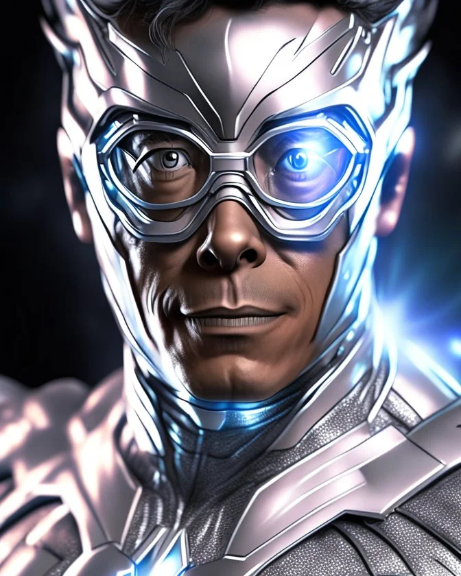 Gustavo Petro full head anthropomorphic digital art in a silver superhero suit hyper-detailed 8k