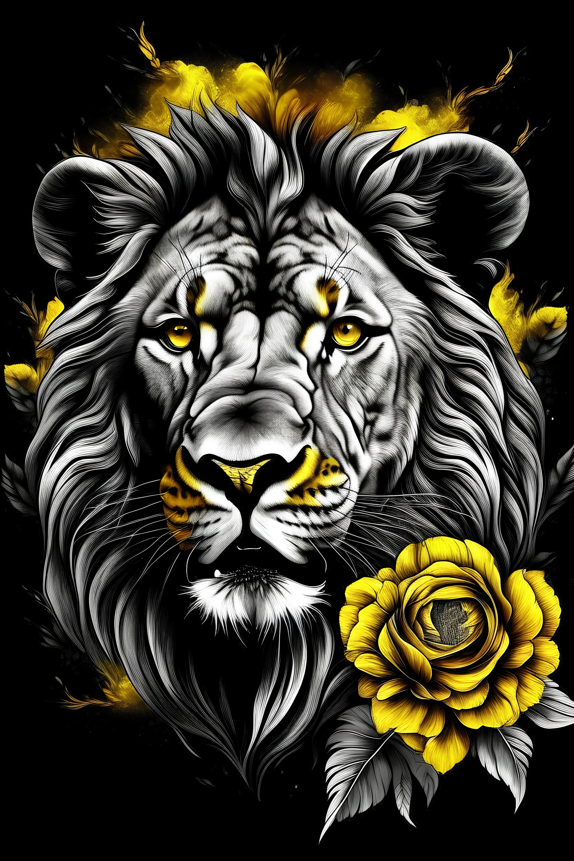 realistic mixed black and white colored lion in headshot in mixed black and white and yellow colored roses. Looks Fierce and Brave. Fire blazing in background.