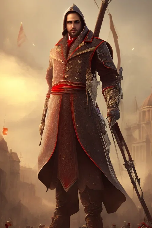 Santa Cruz in red assassin Creed clothes, high details, cool 1800 city background,