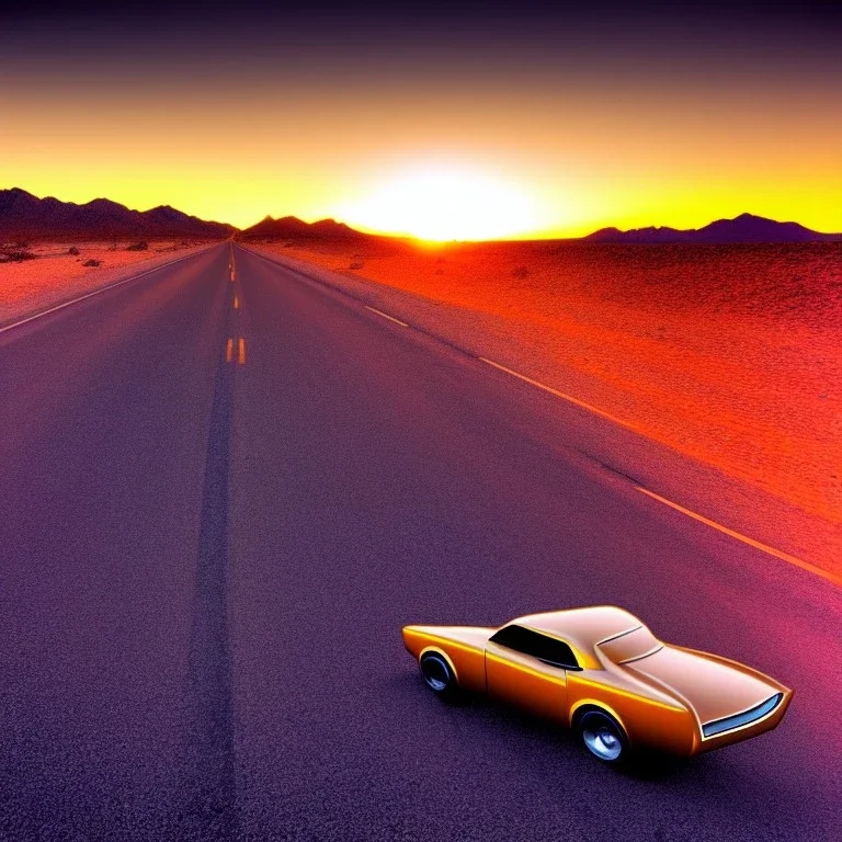 art deco, muscle car, desert road, sunset, full colour, hd,