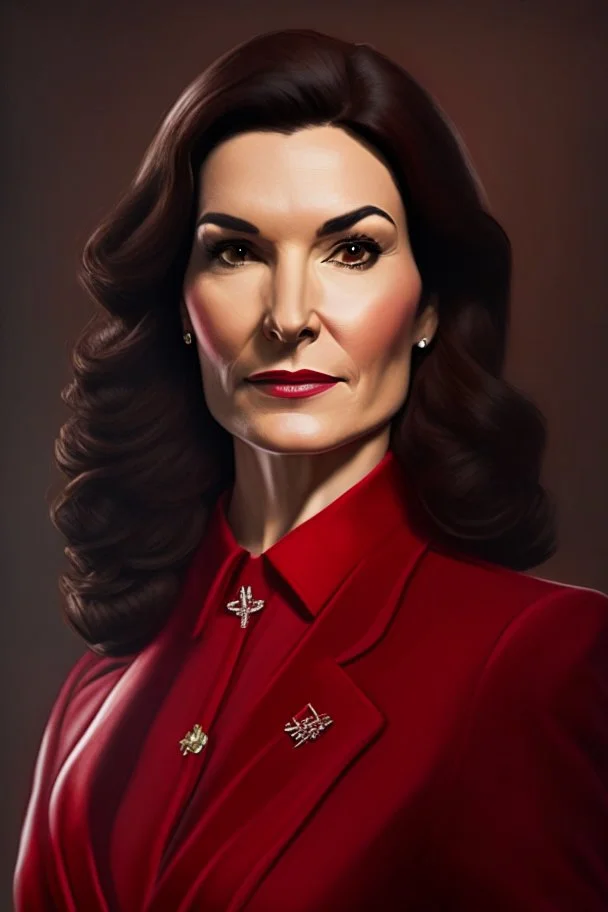 realistic Portrait of a woman in red power suit and dark brown hair. she looks like a mayor