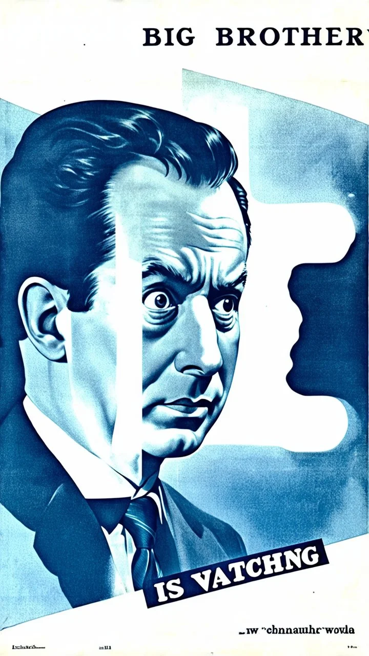 an old poster with the words"BIG BROTHER"(across top), the staring face of a man(middle, facing viewer), text "IS WATCHING"(across bottom), wwii era propaganda black and white printed poster on old paper