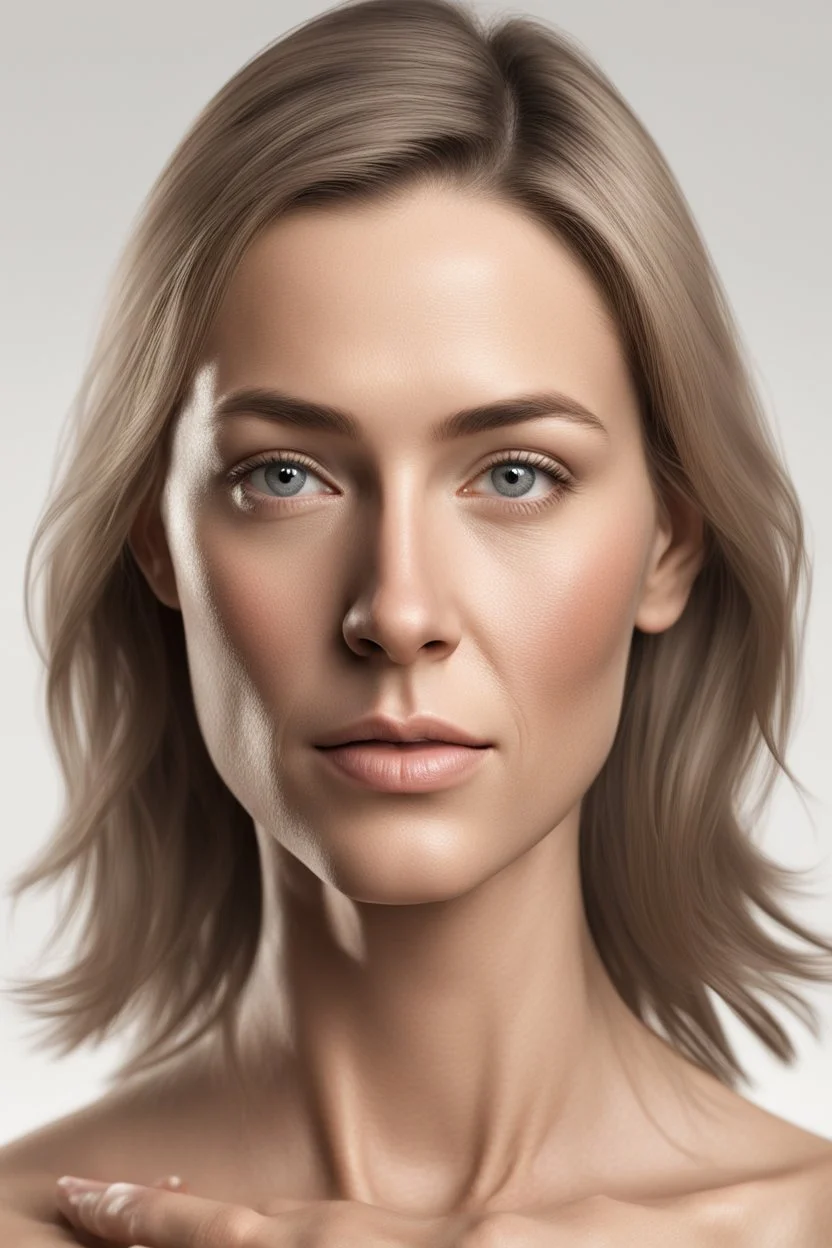 realistic, (39yr old female)without makeup, Caucasian beautiful face, angled head position, dark hair, studio lighting, cinematic light, beautiful woman, milk beige middle hair, perfect anatomy, on white background, 8k Resolution, highly detailed, non-symmetrical body a, detailed hairstyles and skin texture