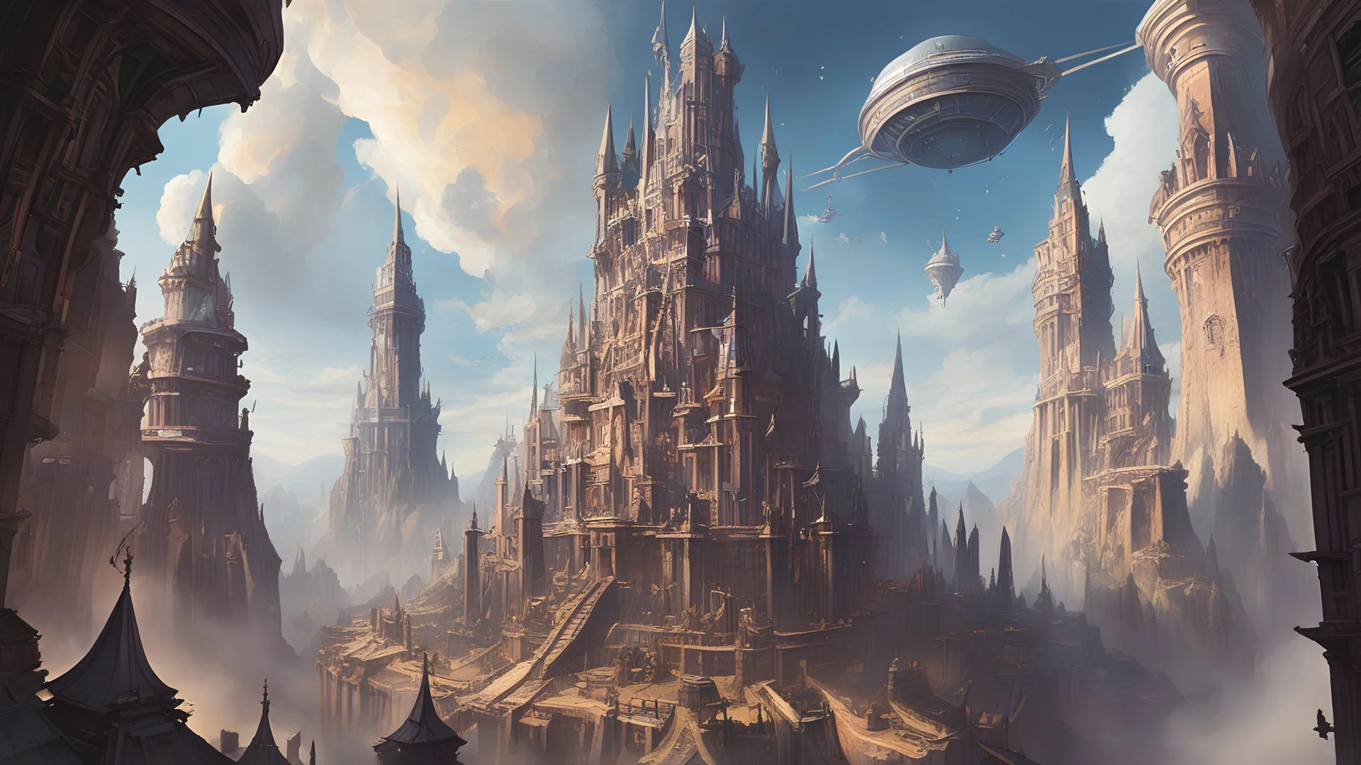 The magnificent flying city of Eileanar from the world of Dungeons & Dragons, soaring gracefully through the ethereal skies. In the center of the city, towering above all other structures, stands a colossal wizard tower, adorned with intricate runes and sparkling with magical energies. The tower is topped with a magnificent observatory, where powerful wizards spend their days studying the stars and deciphering ancient tomes. Surrounding the tower are lush gardens, maintained by a team of dedicat