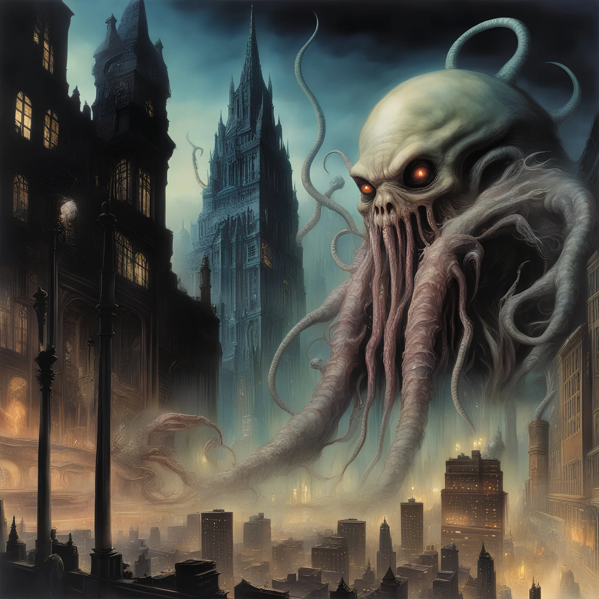 Lovecraftian, gluttonous nightmare eater double exposure photo layer against a cityscape, by Michael Whelan and H.R. Giger, midnight malignancy, creepy, eerie, scary colors, opulent detail, award winning poster art by Drew Struzan, smooth, expansive