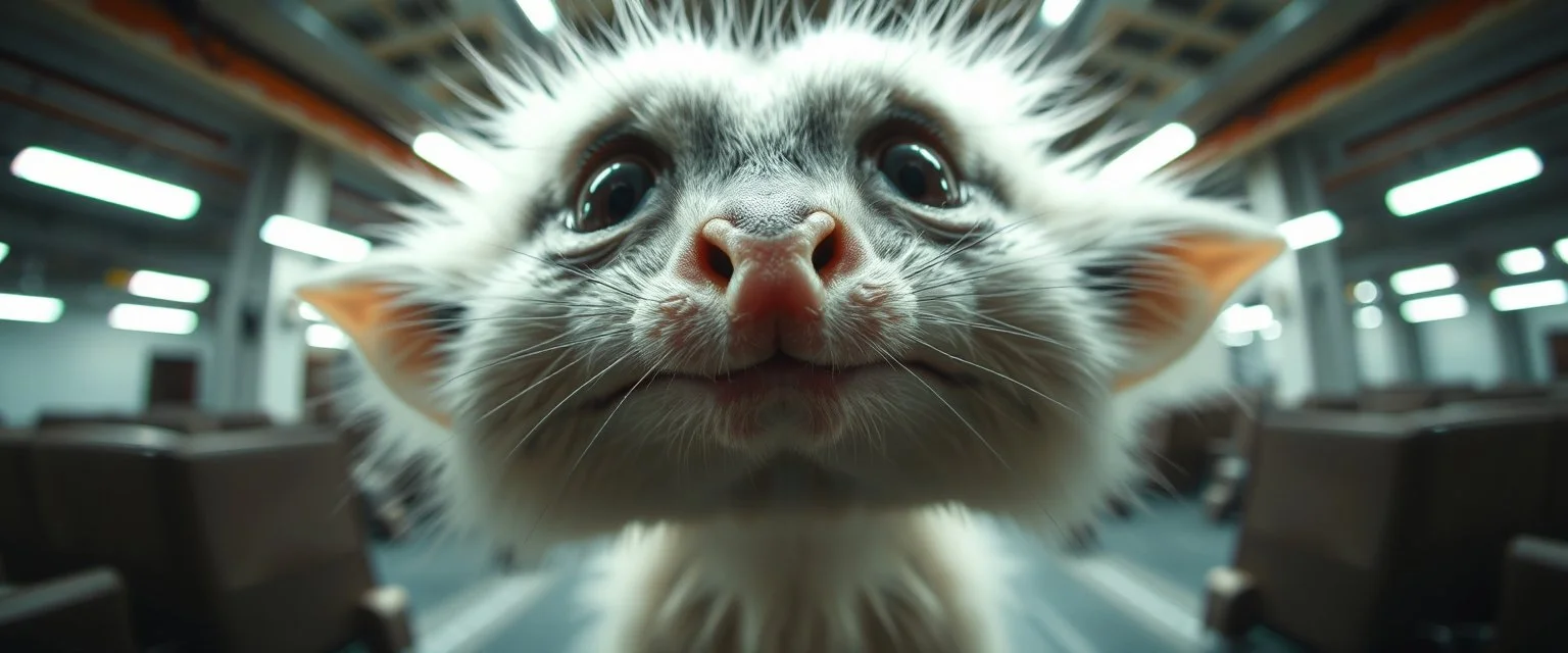 extreme close up on cheeky fluffy weasel mafia elf family scumbag in the style of Escher and Giger and Fallout 4, pinhole cam, airbrush 3d rendering, on tv screen:A five-second cinematic single take in a clean industrial presentation hall.